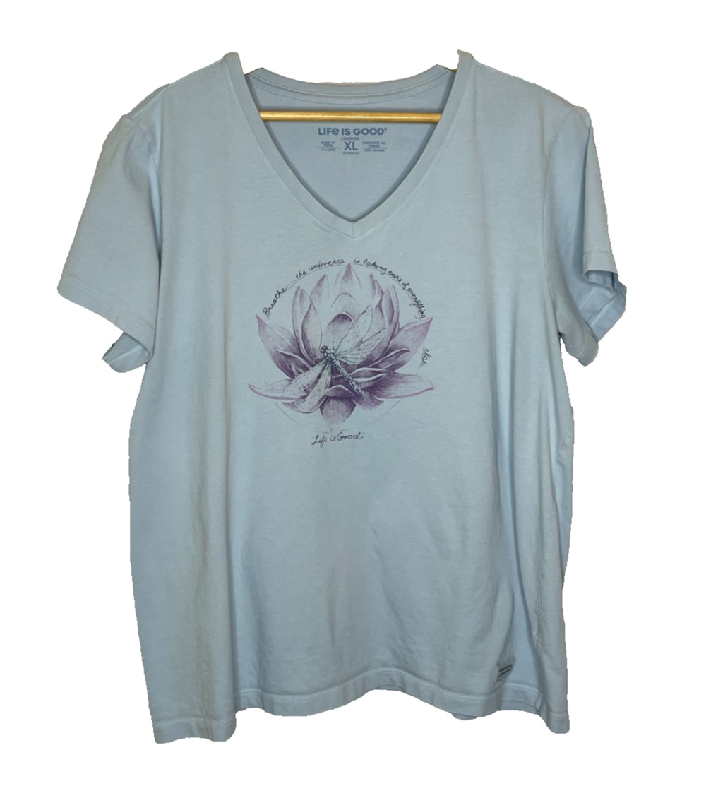 Women's XL Life is Good Breathe Lotus Flower Blue V-Neck Cotton Crusher Tee